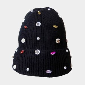 Rhinestone & Pearl Jewel Embellished Fleece Lining Knit Beanie Hat